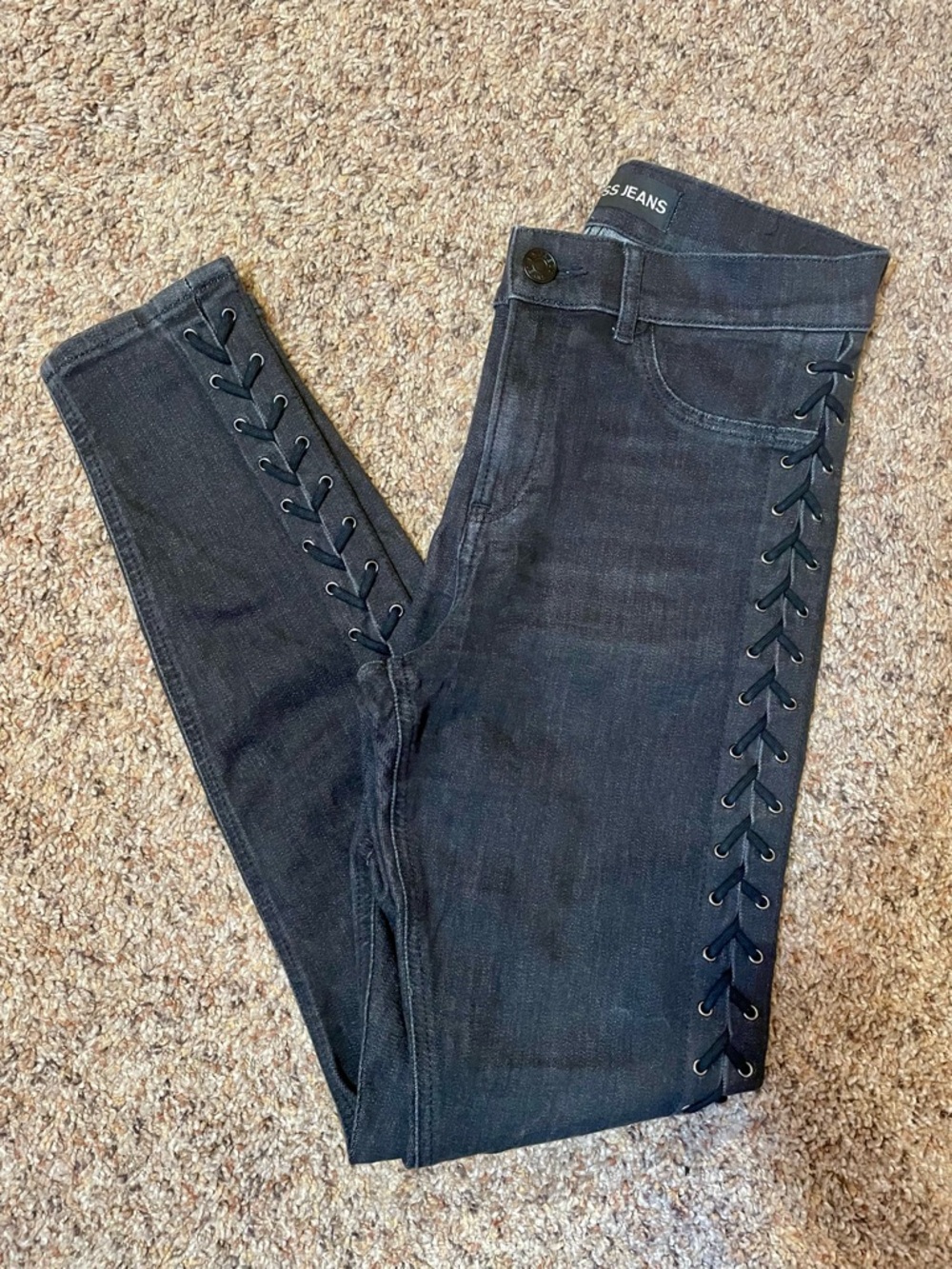 Express High Rise Side Lace Up Denim Leggings. Biker Goth Rockstar. Black Size 6 - Picture 3 of 10